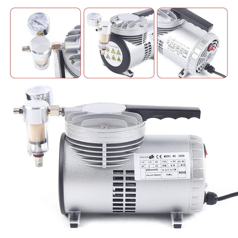 Pro Grade Oil Free Diaphragm Vacuum Pump Delivering Tough Build And Whisper Quiet Operation With One Sixth Horsepower Motor, detailed view with gauge.