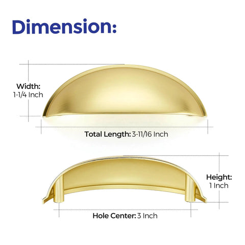 Dimensions showing Top Tier Brushed Gold Drawer Pulls And Cabinet Cup Handles, 3-11/16 inch total length, 1-1/4 inch width.