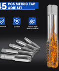 Pro Grade 45 Piece Tap and Die Set for Cutting External and Internal Threads With Adjustable Handles and Case Essential Metric Threading Kit for Home Workshop displayed with flames.