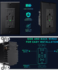 Diagram and close-up of 10 Pack 4.8A USB Wall Outlet With Dual USB Ports 15A Tamper Resistant Duplex Receptacle UL Listed White