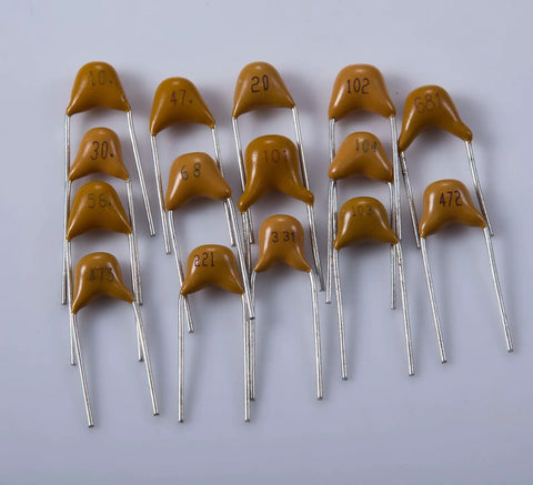 Hustler Ready 600 Piece Ceramic Capacitor Assortment Kit 50 Volt Precision Component Pack showing various capacitors with values