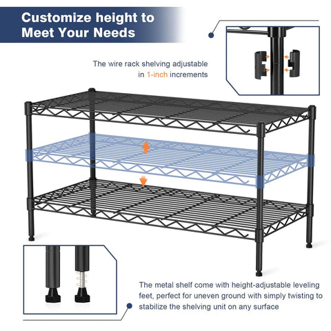 Two Tier Wire Shelving Unit, Adjustable Heavy Duty Metal Storage Rack With Smooth Rolling Caster Wheels, Black Garage Organizer built with adjustable height for versatile storage.