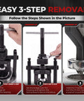 Heavy Duty 3 Jaw Internal Bearing Puller Crafted For Blind And Pilot Bearings That Expands Securely Behind Stubborn Parts For Quick Extraction From Transmission And Differential Cases Without Breaking A Sweat, demonstrating easy 3-step removal.