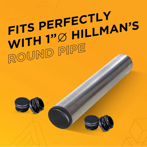 1 Inch Ribbed Plastic Hole Plugs For 3/4 To 15/16 Inch Round Tubing Black End Caps displayed with round pipe
