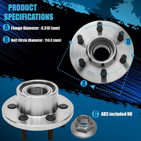 Product specifications of Heavy-Duty Front Wheel Bearing Hubs 2-Piece Kit with flange and bolt circle measurements.