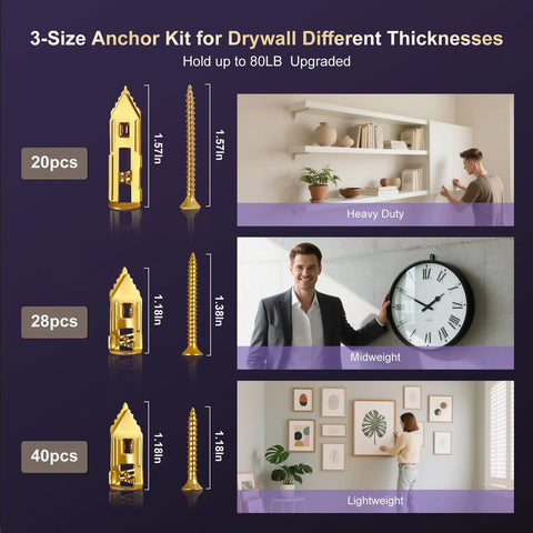 88 Pieces Self Drilling Drywall Anchors And Screws Kit With Two Anchor Sizes And Three Expansion Screw Sizes Zinc Plated Steel No Drill Required Heavy Duty Holds Up To 80 Lbs For Picture Frames Shelves And Wall Decor displayed with size options and installation examples on drywall.