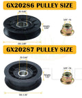 Heavy Duty Idler Pulley Pair And Reinforced Drive Belt Combo Pack Fits John Deere Lawn Tractor GX20286 GX20287 GX20006, showing sizes and dimensions.