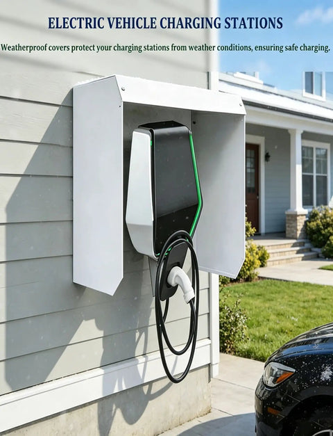 Rugged Outdoor EV Charger Cover Takes Care Of Business By Keeping Your Wall Mount Charger Dry Through Rough Weather While Offering A Waterproof Galvanized Steel Guard With Universal Fit on a home wall.