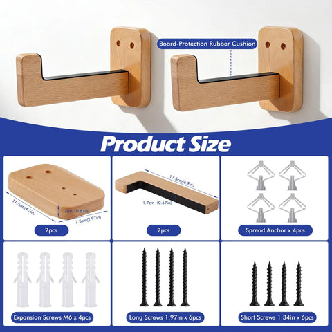 Top Shelf Beech Wood Surfboard Wall Mount Rack With Grippy Non Slip V Pads, includes rubber cushions and screws.