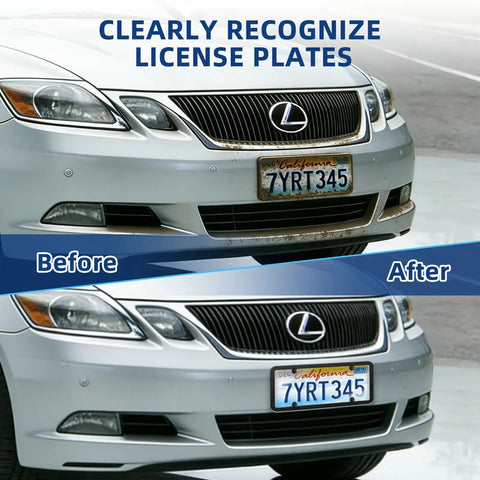 Car with unbreakable license plate covers, impact resistant ABS protectors before and after, clear shield for all weather protection