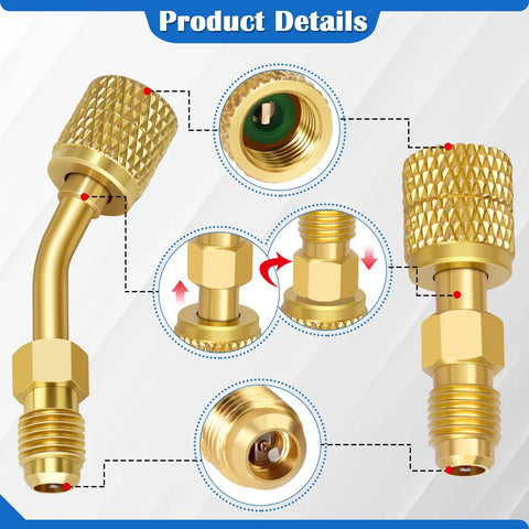 R410A Mini Split Adapter For Gauges, 5/16 To 1/4 SAE Fittings With Straight And Angled Vacuum Ports, Valve Core Tool
