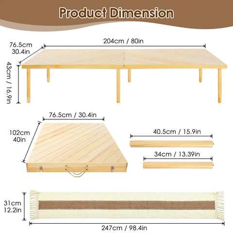Folding Picnic Table With Table Runner Portable Boho Wooden Table 80 By 30 Inches With Adjustable Heights dimensions.