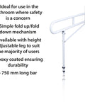 Heavy Duty Stainless Steel Toilet Safety Rails Featuring A Foolproof Flip Up Mechanism With Sturdy Leg Support For Secure Bathroom Access And Comfortable Shower Assistance, with height adjustable leg.
