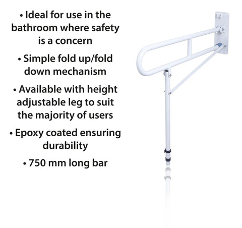 Heavy Duty Stainless Steel Toilet Safety Rails Featuring A Foolproof Flip Up Mechanism With Sturdy Leg Support For Secure Bathroom Access And Comfortable Shower Assistance, with height adjustable leg.
