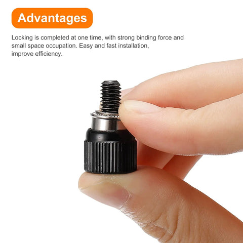 Close-up of a hand holding a black M6 knurled spring loaded thumbscrew, showcasing its stainless steel and aluminum design.