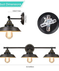 Industrial Rustic 3 Light Vanity Wall Sconce In Dark Bronze With Vintage Gold Trim shown with product dimensions