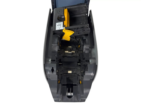 Interior view of Sick Dual Sided Color Identity Card Badge Printer With Kick Butt Thermal Dye Sublimation 300 Dpi showing card feed mechanism.