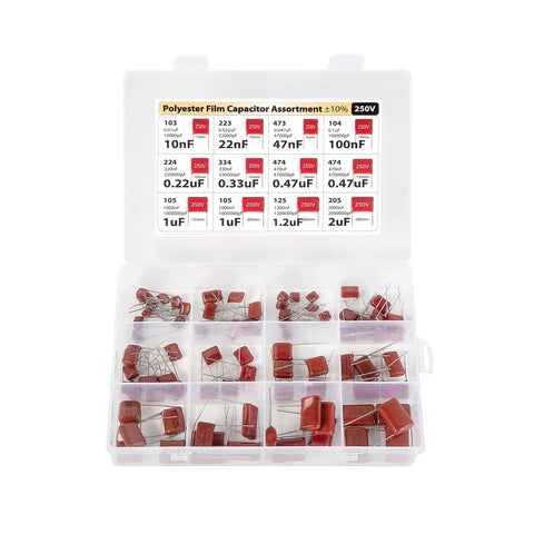 Premium Metalized Film Capacitor Assortment 415 Pieces Spanning 100 Volts 250 Volts 400 Volts Offers Top Tier Reliability For Your Favorite Weekend Warrior Build in organized storage box.