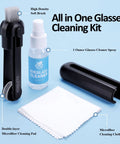 All-in-one glasses cleaning kit with spray bottle, soft brush, microfiber cloth, and black case.
