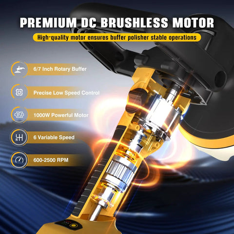 7 Inch Cordless Rotary Buffer Polisher Kit For Auto Detailing Car Waxing And Paint Correction Compatible With Pro Power Tool Batteries showing brushless motor and speed controls.