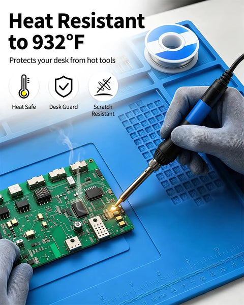 Premium Grade All Purpose Silicone Soldering Mat Delivers Heavy Duty Heat Blocking Up To 932 Degrees Fahrenheit For Zero Drama Phone Pc Circuit Board Repair Setup with soldering tools.