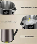 1.8L Electric Kettle With Double Wall Insulation For Safe Touch 1350W Fast Boil 304 Stainless Interior shown open with features