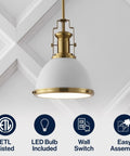 Brass Gold Modern Industrial 10 Inch Pendant Light With White Dome Shade Slick Look for Kitchen Island or Entryway, close-up