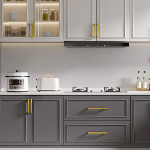 Slick Brushed Gold Finish 30 Pack 12 Inch Premium Stainless Steel Cabinet Handles And Drawer Pulls in modern kitchen setting.