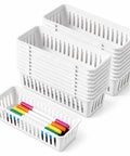 Eighteen Pack Slick Slim Plastic Baskets For Narrow Drawer Setup stacked with colored markers inside one tray.