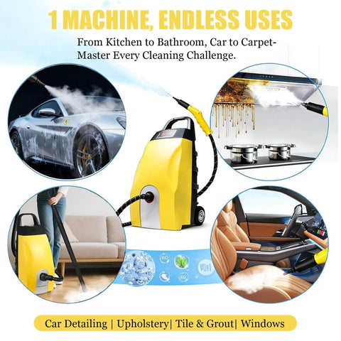 Heavy Duty 3000W Steam Cleaner With 3.5L Tank And Fast 40 Second Heat Up shown cleaning car and home surfaces with steam.