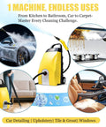 Heavy Duty High Pressure Steam Cleaner with 3.5L Tank & 9 Accessories Fast Heating 3000W shown cleaning car, tiles, and upholstery.