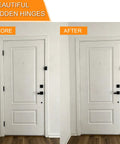 Before and after comparison of Dead Simple Slick Hidden Door Hinges Heavy Duty Zinc Alloy Concealed Hinge Brackets on white door.