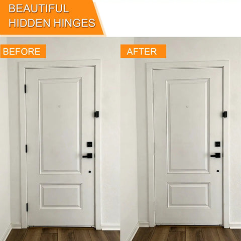Before and after comparison of Dead Simple Slick Hidden Door Hinges Heavy Duty Zinc Alloy Concealed Hinge Brackets on white door.