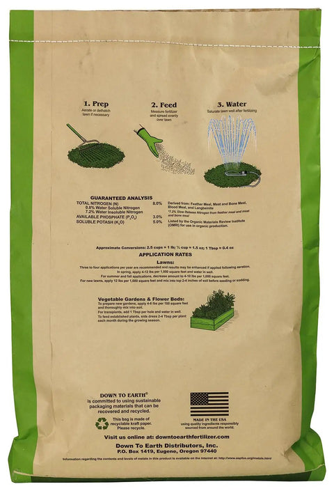 Back view of Bio Turf Lawn Food 8 3 5 All Natural Organic Fertilizer For Grass Lawn Landscape And Ornamentals OMRI Listed bag