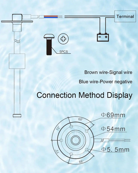 Connection method display for Heavy Duty Rock Solid 18 Inch Marine Fuel Sending Unit With Precision Float Gauge 240 To 33 Ohm Range.