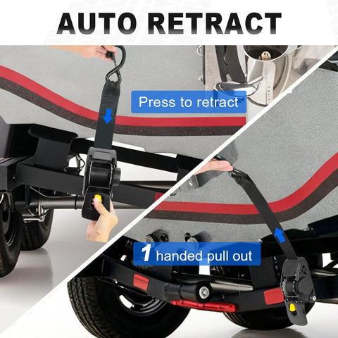 Bolt On Boat Ratchet Straps With Retractable Transom Tie Downs 2x50 Inches 2200 Lbs Break Strength demonstration