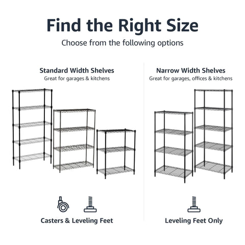 Find the right size options for Heavy Duty Wire Shelving Rack Adjustable Five Tier Garage Storage Organizer Unit.