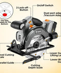 Heavy Duty 20V Cordless Circular Saw Arrives Loaded With Reliable Battery And Plug Pack Pushing A Robust 4500 Rpm No Load Speed, features labeled components and cutting depth scale