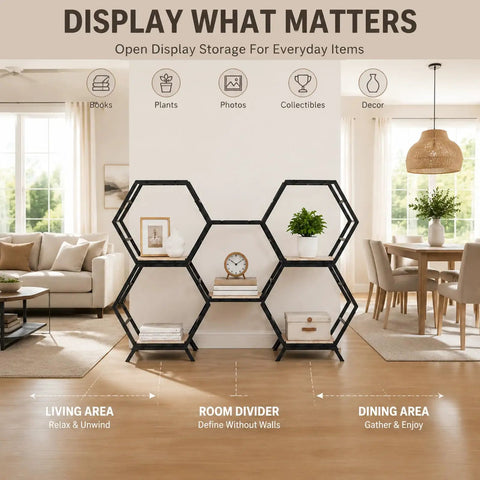Dope Hexagon Room Divider Shelf with Modular Open Storage in living room, featuring books, plants, and decor.