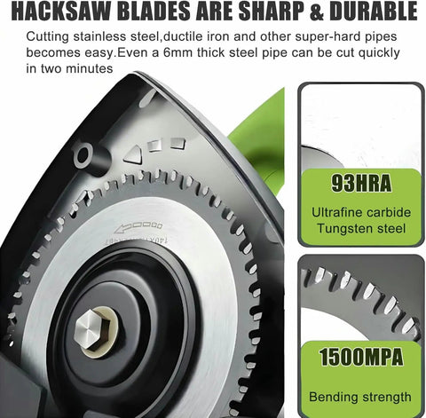 Close-up of dual saw blades of Pro Grade Automatic Pipe Cutting Machine with cold cutting for various pipes.