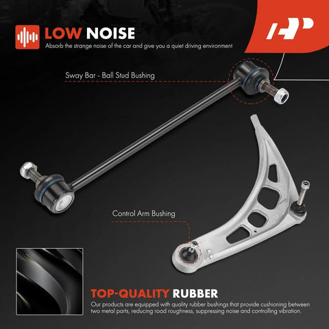 Complete 8-Piece Front End Suspension Rebuild Kit For BMW E46 Models Featuring Solid Lower Control Arms Sway Bar Links And Bushings, showing sway bar bushing and control arm part.