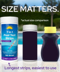 Three containers showing 7 In 1 Pool Test Strips With App 150 Count Extra Long Strips for chlorine and pH testing.