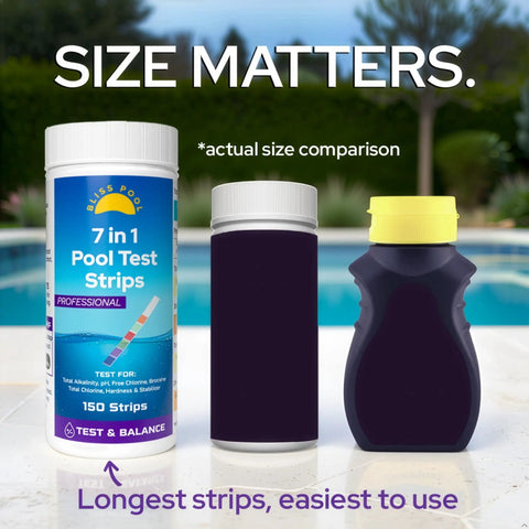 Three containers showing 7 In 1 Pool Test Strips With App 150 Count Extra Long Strips for chlorine and pH testing.