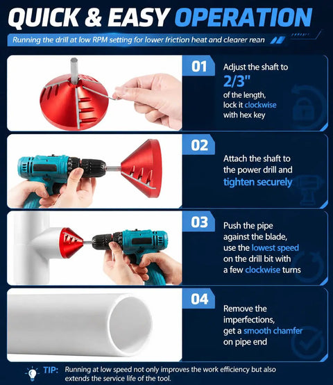 Quick operation steps for Built Tough 2 In 1 Pipe Deburring Reamer Tool for PVC, CPVC, ABS and PE tubing.