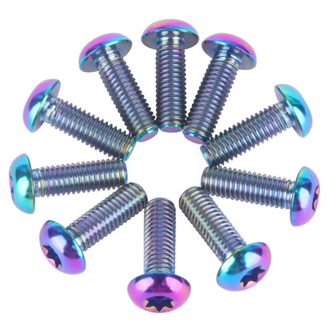 Bulletproof Grade Five Titanium Water Bottle Cage Bolts And Bicycle Rotor Screws Kit Paired With Torx M5 Hardware For Ironclad Grip and colorful screws in circular arrangement.