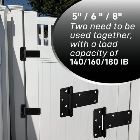 Black 6 Inch Heavy Duty Gate Hinges 280 Lbs Capacity installed on white gate, emphasizing solid steel construction and durability for outdoors.