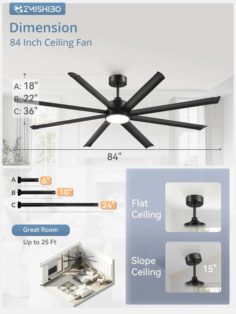 84 Inch Indoor Outdoor Ceiling Fan With Lights, Industrial Grade 8 Reversible Aluminum Blades, Quiet DC Motor