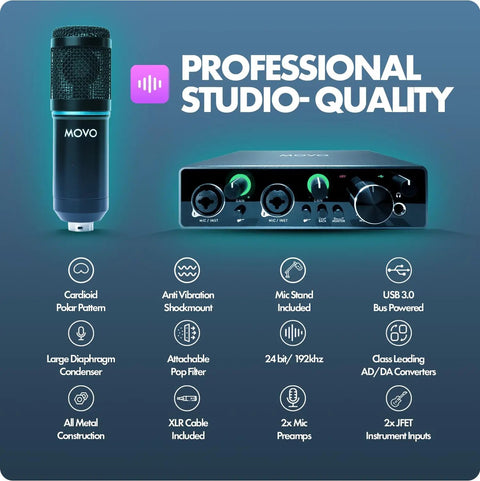Top Shelf Cardioid Condenser Microphone Bundle With Dead Simple 2x2 Audio Interface And Rock Solid Desk Stand For Crisp Podcasting YouTube Streaming And Voice Over Projects including condenser mic and audio interface.