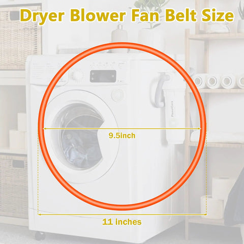 Portable Dryer Belt And Blower Fan Replacement shown with dimensions 11 inches and 9.5 inches in front of compact 2.6 cu ft dryer