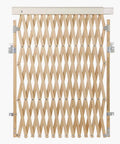 Extra Wide Swing Out Wooden Baby Gate Fits Twenty Four To Sixty Inch Openings Super Secure With Safety Latch And Hardware Mount Thirty Two Inches Tall Sustainable Hardwood For Homes With Kids And Pets, shown in an expandable position with natural wood finish.